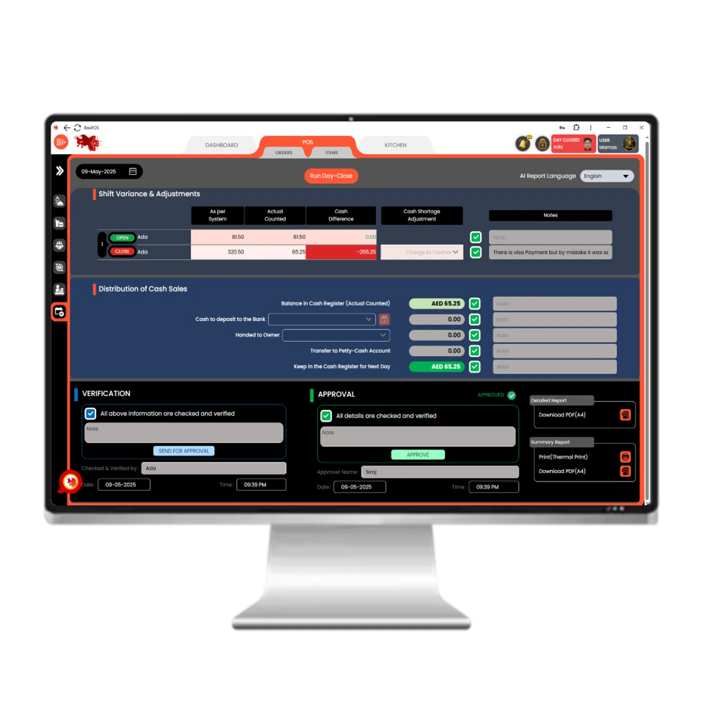 BrixPOS AI dayclose process screen